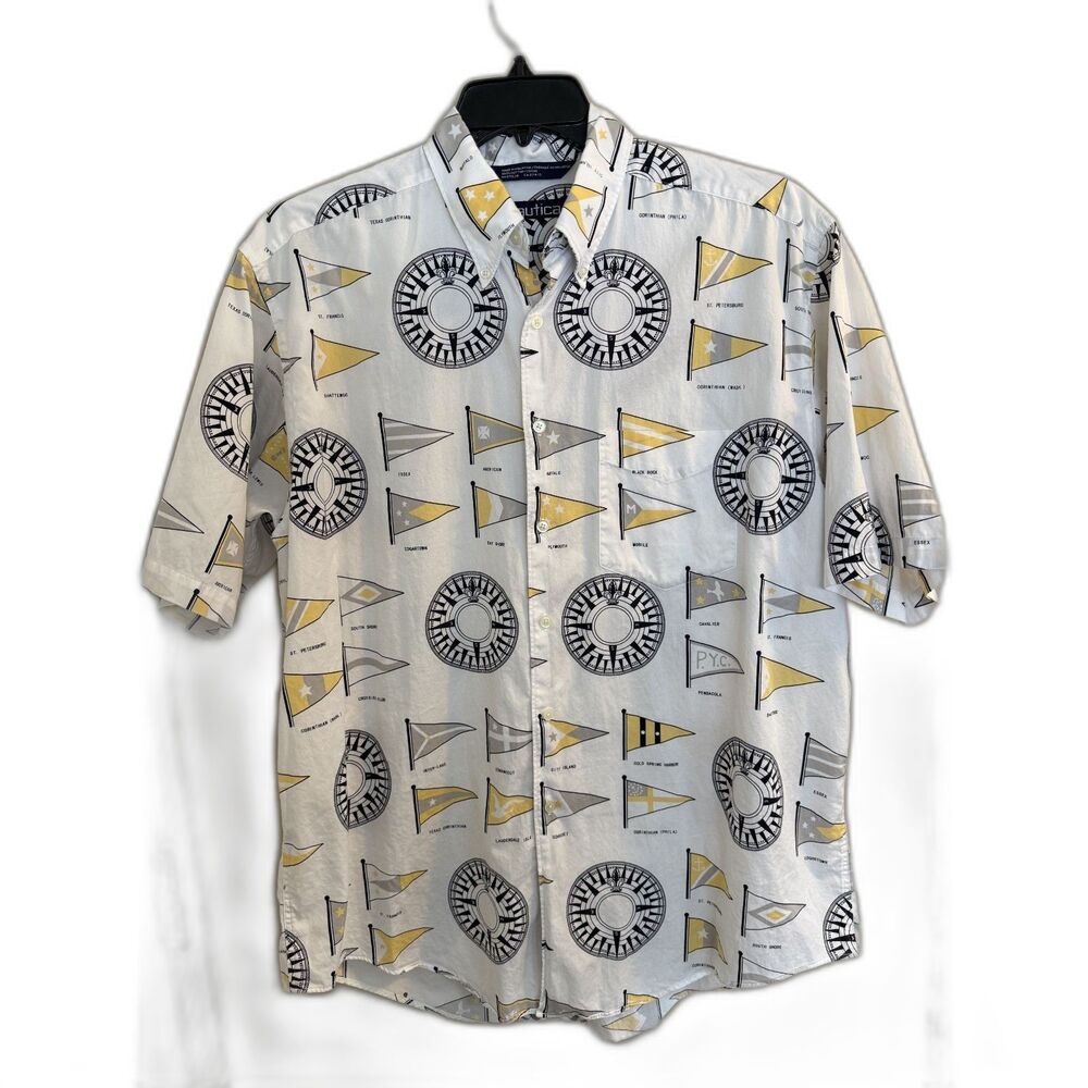 Vintage 90s‎ Nautica Nautical Burgee Flag Compass Print Button Down Shirt L